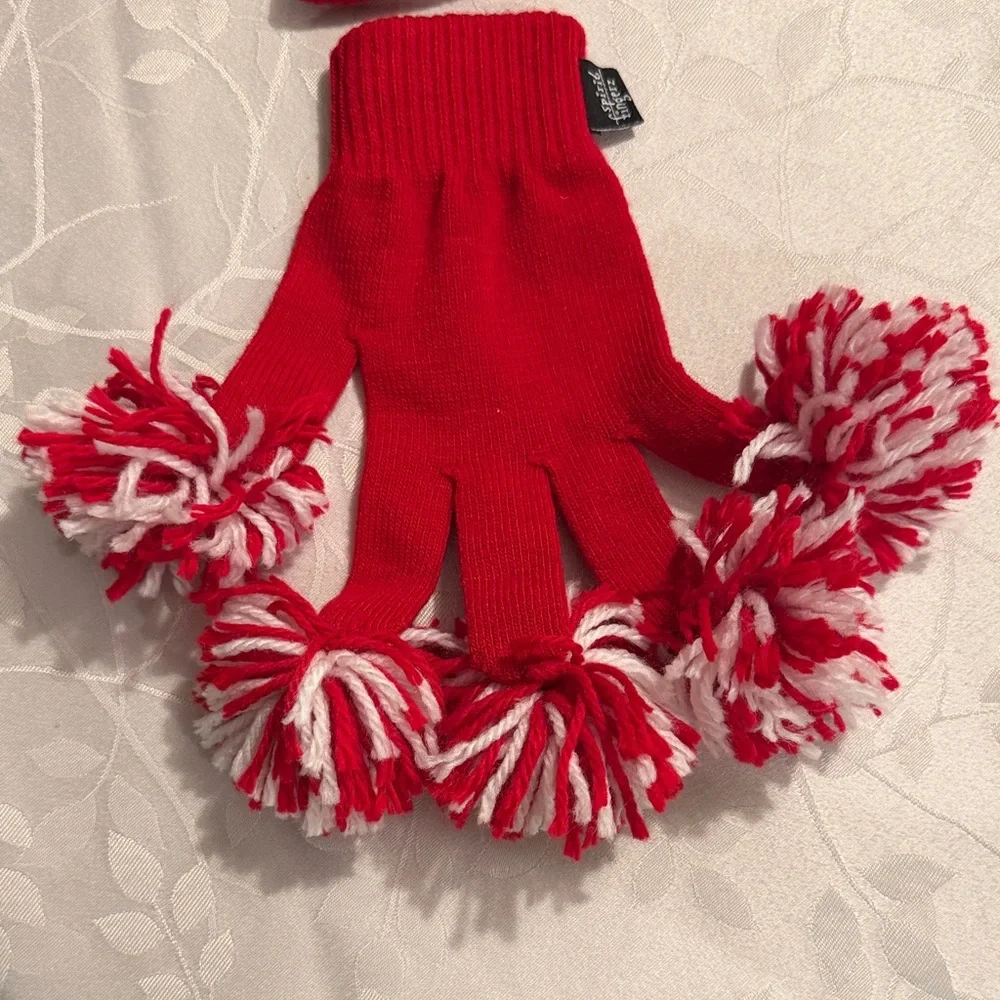 Vibrant Red and White Mittens with Pom-Poms